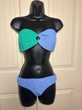 J.Crew Colorblock Bandeau Bikini Set Blue Green O-Ring Top L Bottom M